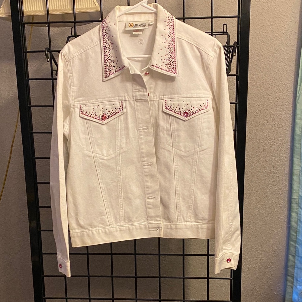 Christine Alexander White Jean Jacket with Pink Embellishments